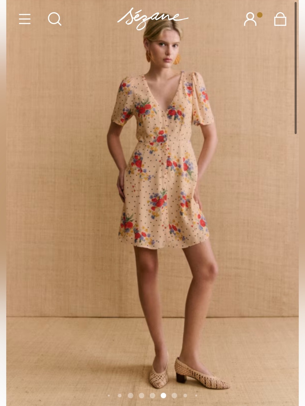 Sezane Lilly dress in poppy print floral mini dress button down short sleeve - Picture 3 of 16